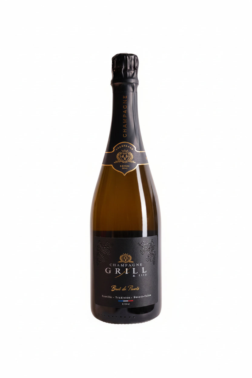 Fles Champagne Grill Brut de Pinots Blanc de Noirs – 50% Pinot Noir en 50% Meunier uit Sacy, Montagne de Reims; diep goudgele Champagne met rijp wit fruit en briochetonen.