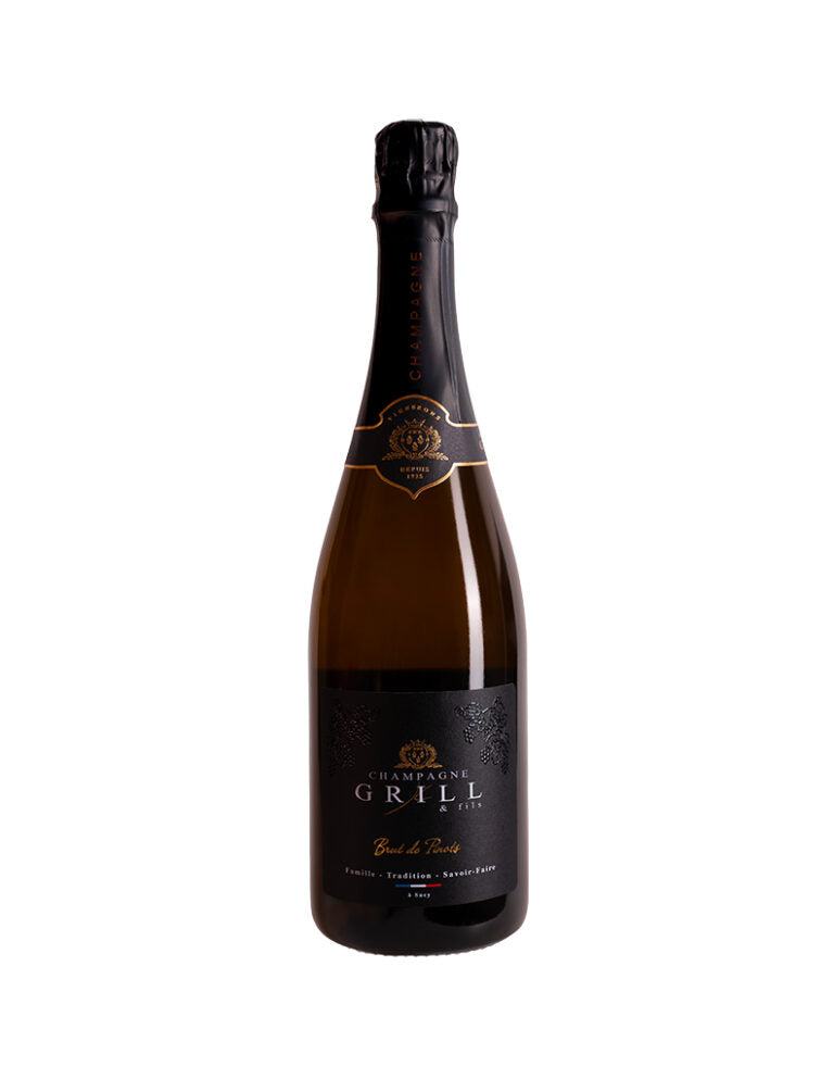 Fles Champagne Grill Brut de Pinots Blanc de Noirs – 50% Pinot Noir en 50% Meunier uit Sacy, Montagne de Reims; diep goudgele Champagne met rijp wit fruit en briochetonen.

