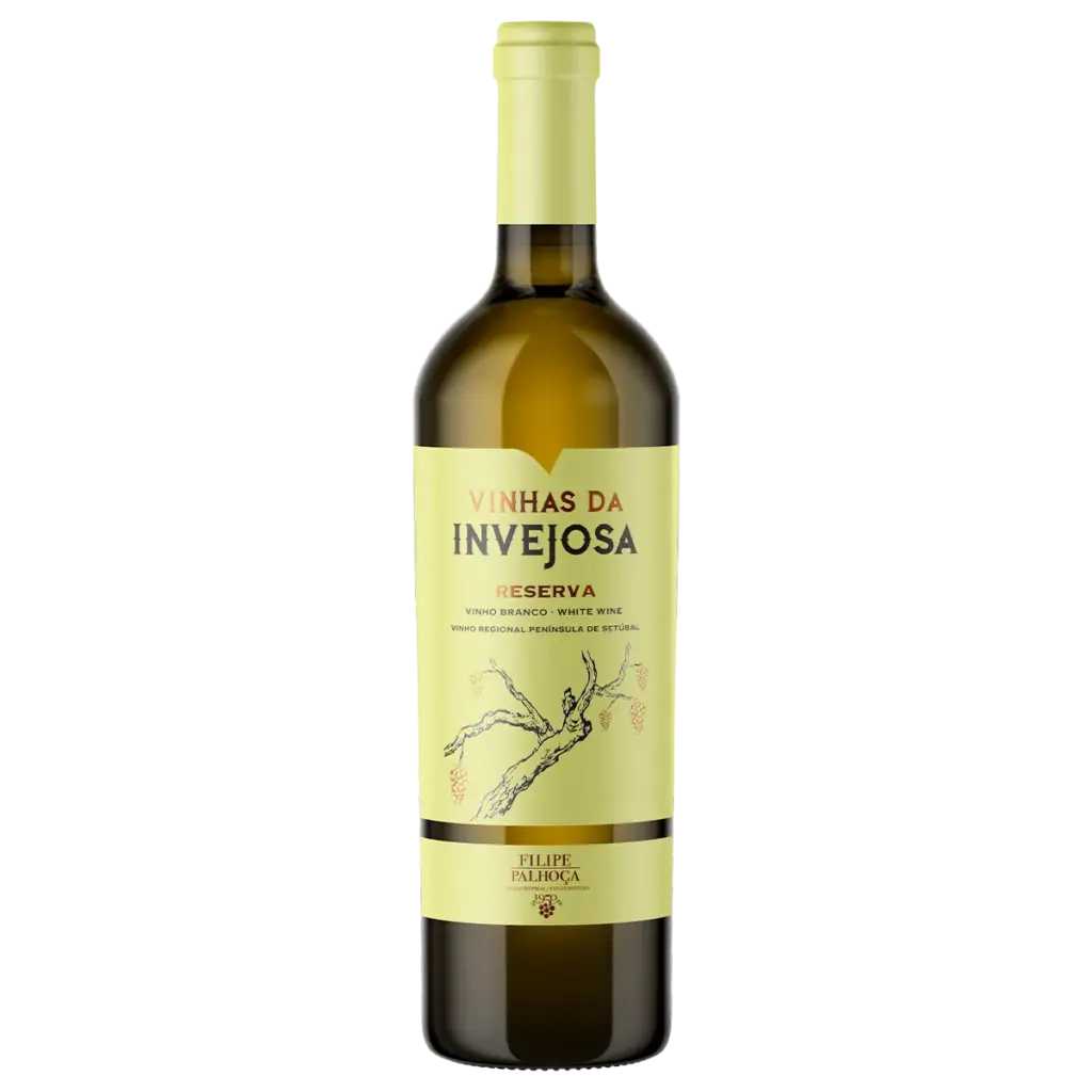 Fles Vinhas da Invejosa Reserva Branco – Filipe Palhoça, witte wijn uit Península de Setúbal van Fernão Pires, Verdelho en Chardonnay, met aroma’s van tropisch fruit en rijp wit fruit.

