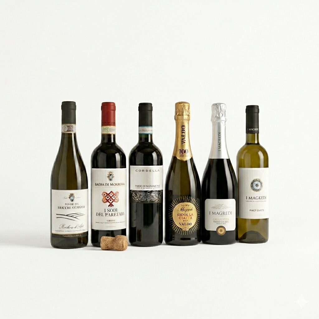 Italiaans Wijnpakket – zes flessen: Chianti, Barbera d’Asti, Rosso di Montalcino, Prosecco Ca’ Lisetta, Ribolla Gialla Brut en Pinot Grigio Friuli.

