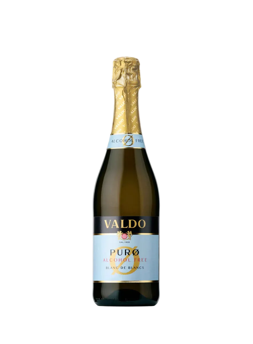 Fles Valdo PURØ Alcohol Free – alcoholvrije mousserende Blanc de Blancs uit Friuli met aroma’s van appel, witte bloemen en citrus.


