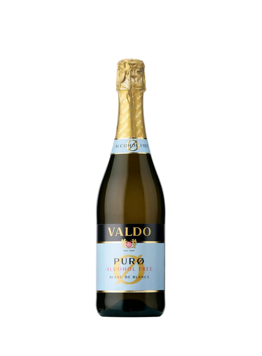 Fles Valdo PURØ Alcohol Free – alcoholvrije mousserende Blanc de Blancs uit Friuli met aroma’s van appel, witte bloemen en citrus.

